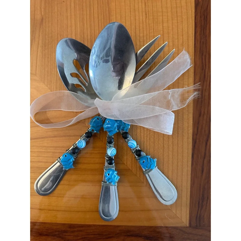 Handmade Beaded Serving Set Stainless Steel 3pc Blue Fish Wire Wrapped Coastal